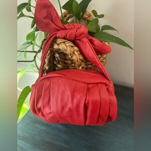 Anthropologie Red Mini Top-Knot Pleated handbag.  Leather
